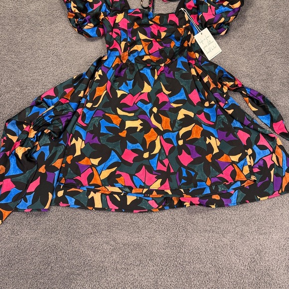 Show Me Your Mumu Dress Womens Medium Black Multi Puff Sleeve Mini Wrap Made USA - Picture 5 of 10